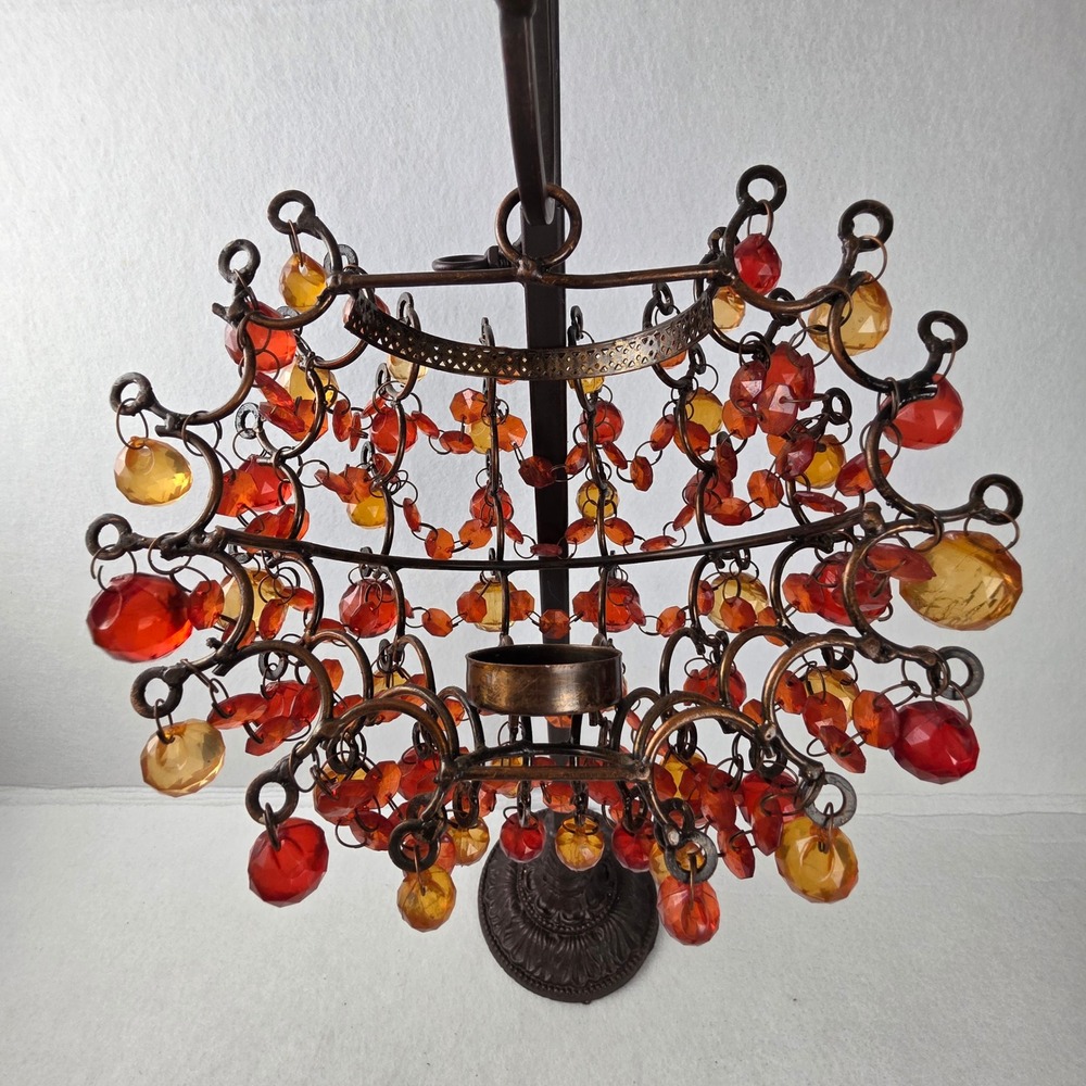 Bronze Beaded Hanging Tea Light Candle Holder Amber Red Acrylic Jewel Tones Boho - Picture 2 of 4